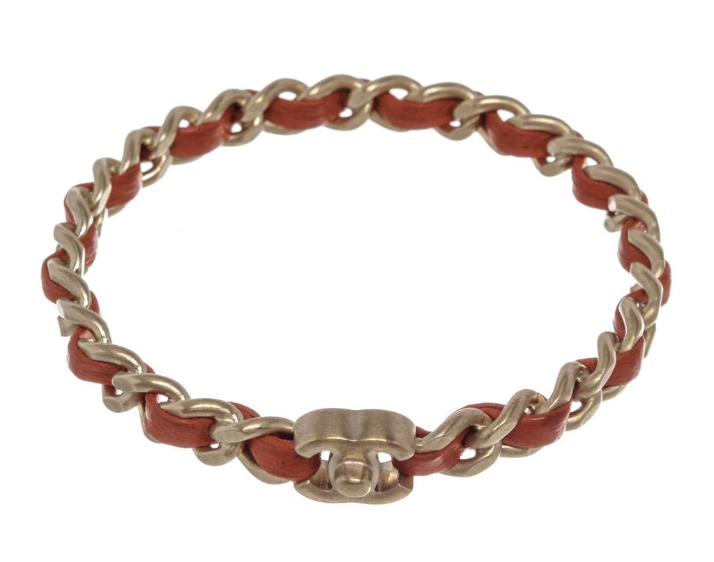 Chanel Red Leather Woven Silver-tone Chain-link CC Bangle Bracelet商品第1张图片规格展示