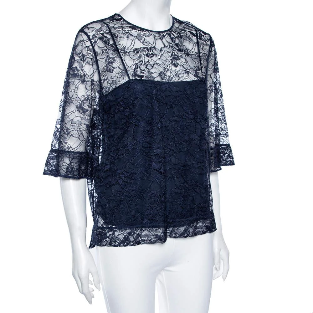 商品[二手商品] EMILIO PUCCI|Emilio Pucci Navy Blue Lace Blouse M,价格¥1298,第2张图片详细描述