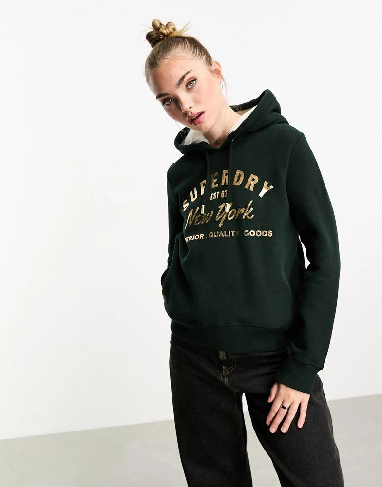 商品Superdry|Superdry luxe metallic logo hoodie in Academy Dark Green,价格¥409,第3张图片详细描述