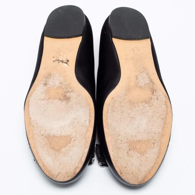Salvatore Ferragamo Black Leather And Satin Crystal Embellished Bow Ballet Flats Size 38 商品