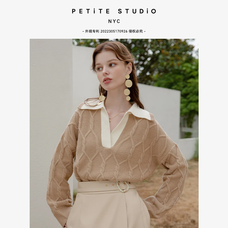 商品[国内直发] Petite Studio NYC|Canyon浅驼菱形针织法式美利奴羊毛羊绒混纺毛衣 | Canyon Cashmere Blend Sweater - Camel,价格¥1467,第1张图片