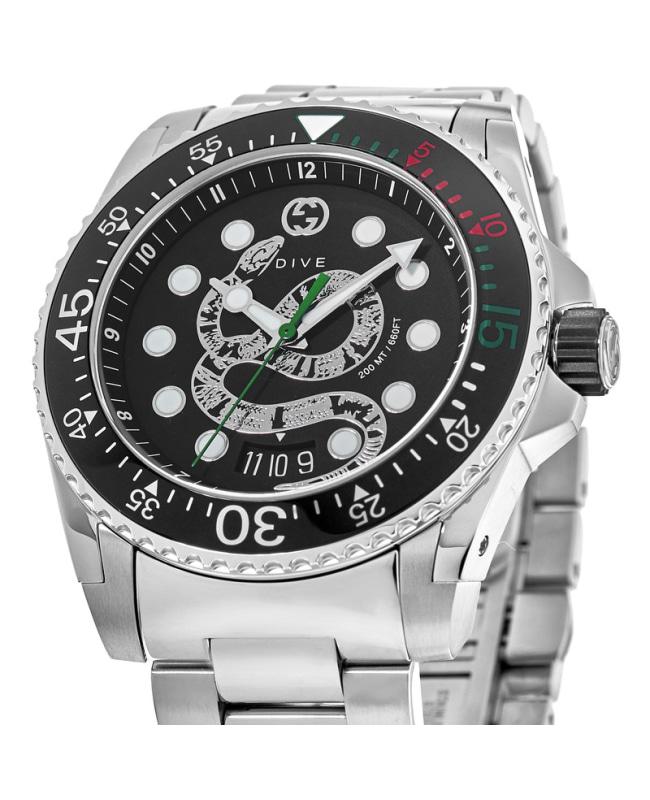 Gucci Dive 45mm Black Snake Dial Steel Men's Watch YA136218商品第2张图片规格展示