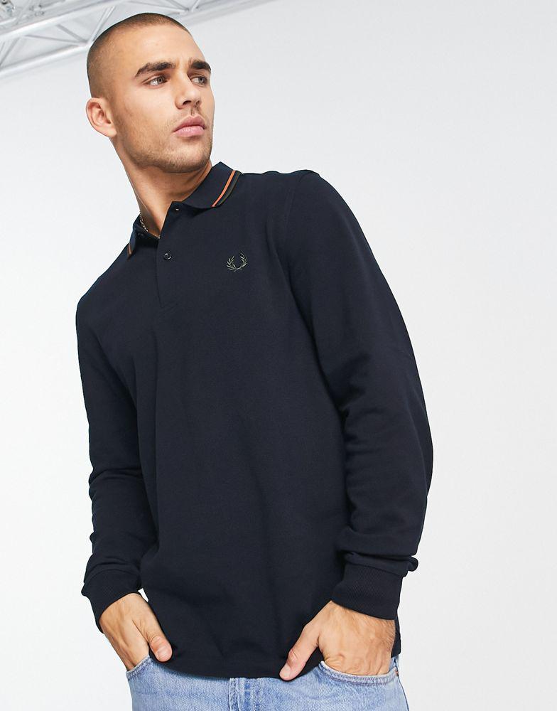 Fred Perry twin tipped long sleeve polo shirt in navy商品第1张图片规格展示