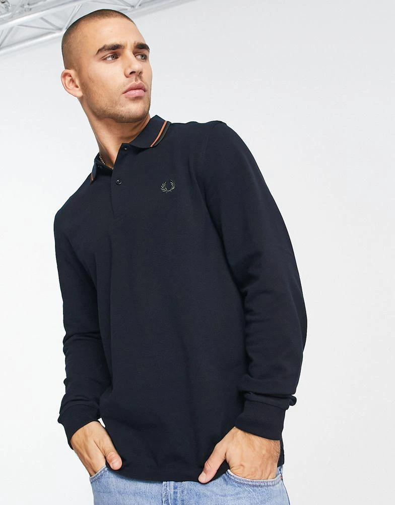 商品Fred Perry|Fred Perry twin tipped long sleeve polo shirt in navy,价格¥434,第1张图片