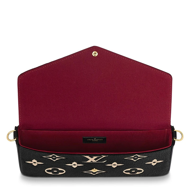 商品Louis Vuitton|【预售3-7天】路易威登22春夏新款FÉLICIE系列女士黑色粒面牛皮革奶白色老花印花金扣金链配可拆卸贴袋翻盖开合单肩斜挎手拿链条信封包M80482,价格¥11994,第5张图片详细描述