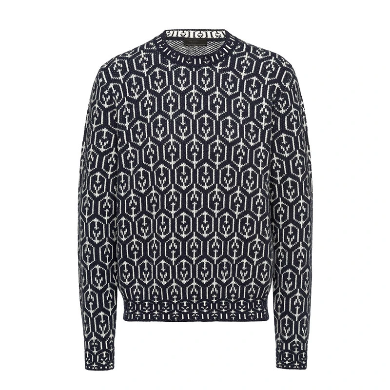 商品Prada|【预售3-7天】PRADA/普拉达 21年秋冬 男士海军蓝/白色羊毛和羊绒提花圆领毛衣UMB258_1ZJ0_F057L_S_212,价格¥11019,第1张图片