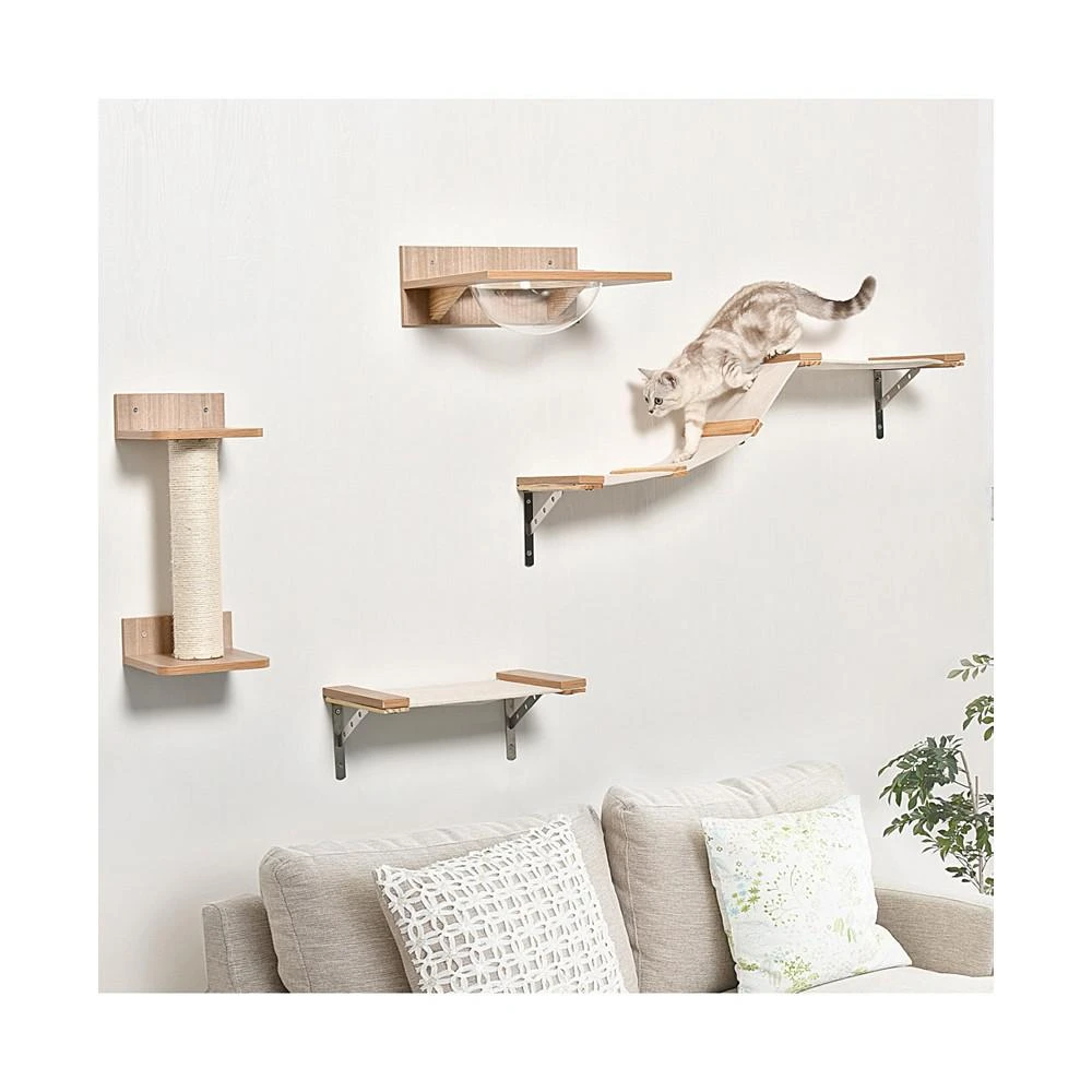 商品PawHut|Cat Tree 4pc Mounted Shelf Set Bowl Climbing Hammock Shelves Beige,价格¥727,第3张图片详细描述