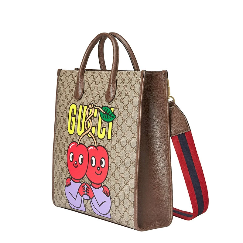 商品Gucci|【包税】GUCCI/古驰 22新款 女士米色/乌木色帆布配棕色皮革细节拥抱樱桃画作印花单肩手提包703264U2QAG8839,价格¥14765,第4张图片详细描述