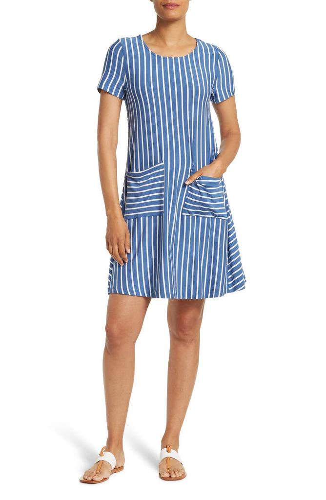 Striped Jewel Neck Pocket Knit Dress商品第1张图片规格展示