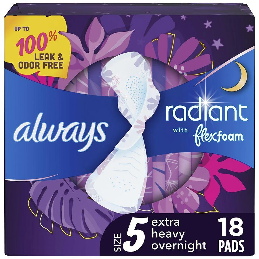 商品Always|FlexFoam Pads, with Wings Lightly Scented, Size 5, Extra Heavy Overnight Absorbency,价格¥99,第1张图片