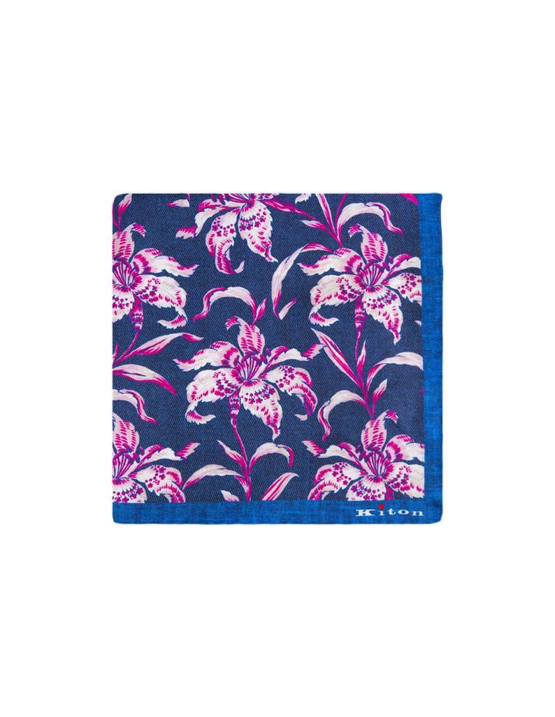 商品Kiton|KITON Navy Pocket Handkerchief With Fuchsia Floral Pattern,价格¥884,第1张图片