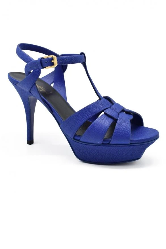 商品Yves Saint Laurent|Luxury shoes for women saint laurent tribute blue leather sandals low heel,价格¥5580,第3张图片详细描述