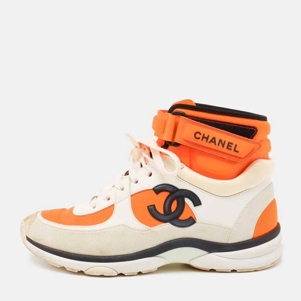 商品[二手商品] Chanel|Chanel White/Orange Fabric And Leather CC High Top Sneakers Size 38,价格¥5568,第1张图片