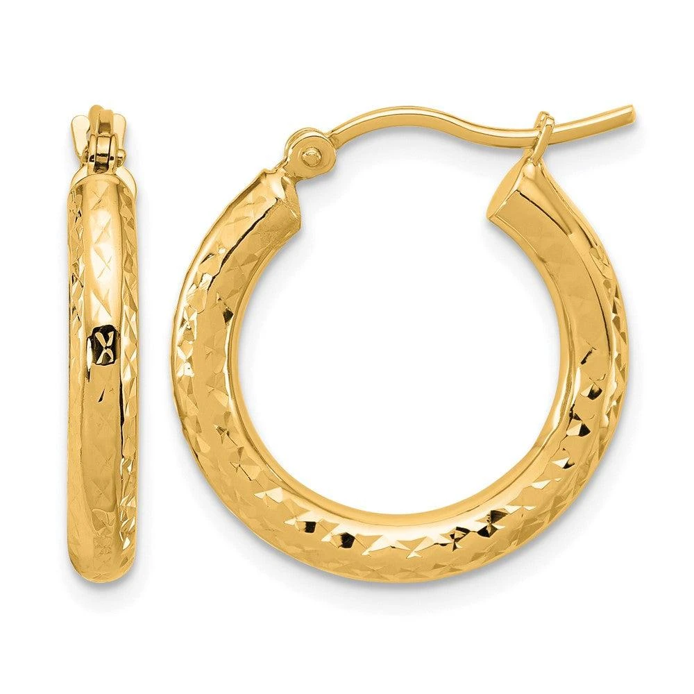 14k Gold Diamond-cut 3x20mm Round Hoop Earrings 商品