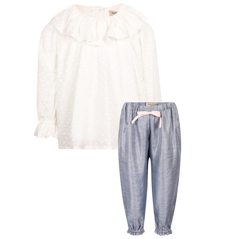 商品Hucklebones London|Embroidered flowers ruffled collar blouse and relaxed trousers set in white and blue,价格¥1829-¥3096,第1张图片