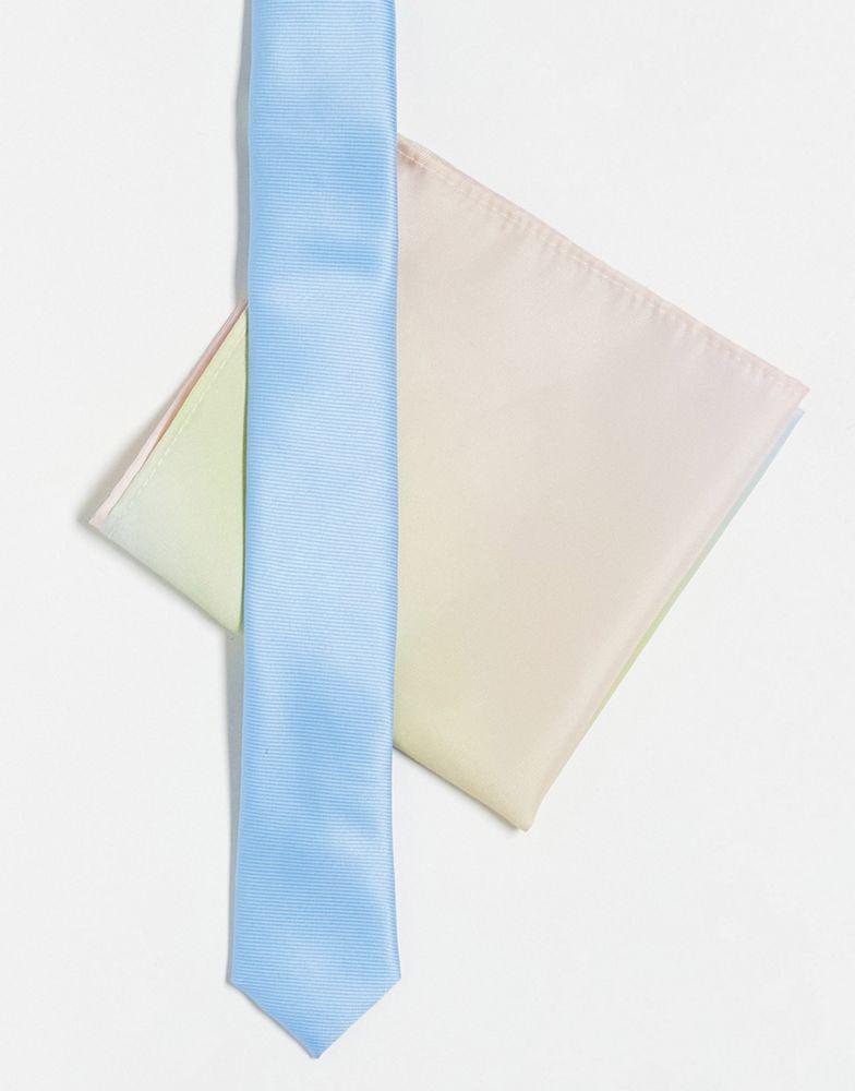 ASOS DESIGN skinny tie in blue with ombre rainbow pocket square商品第1张图片规格展示