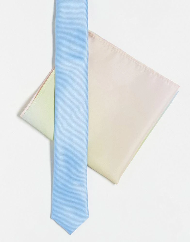 商品ASOS|ASOS DESIGN skinny tie in blue with ombre rainbow pocket square,价格¥85,第1张图片