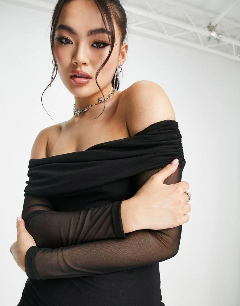 商品AsYou|ASYOU mesh bardot asymmetric hem mini dress in black,价格¥107,第3张图片详细描述