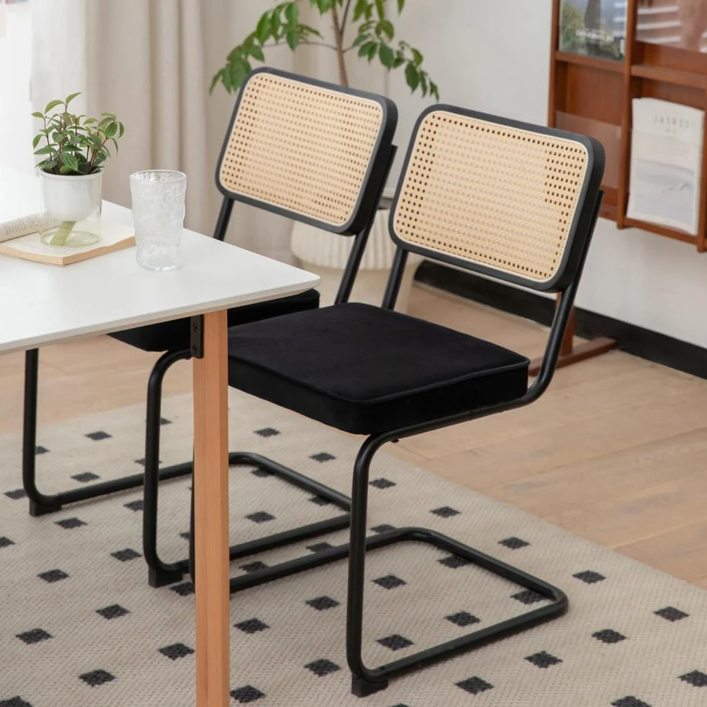 商品Streamdale Furniture|Streamdale Velvet Rattan Dining Chairs, Chrome Legs, Set of 2, Black,价格¥1339,第1张图片