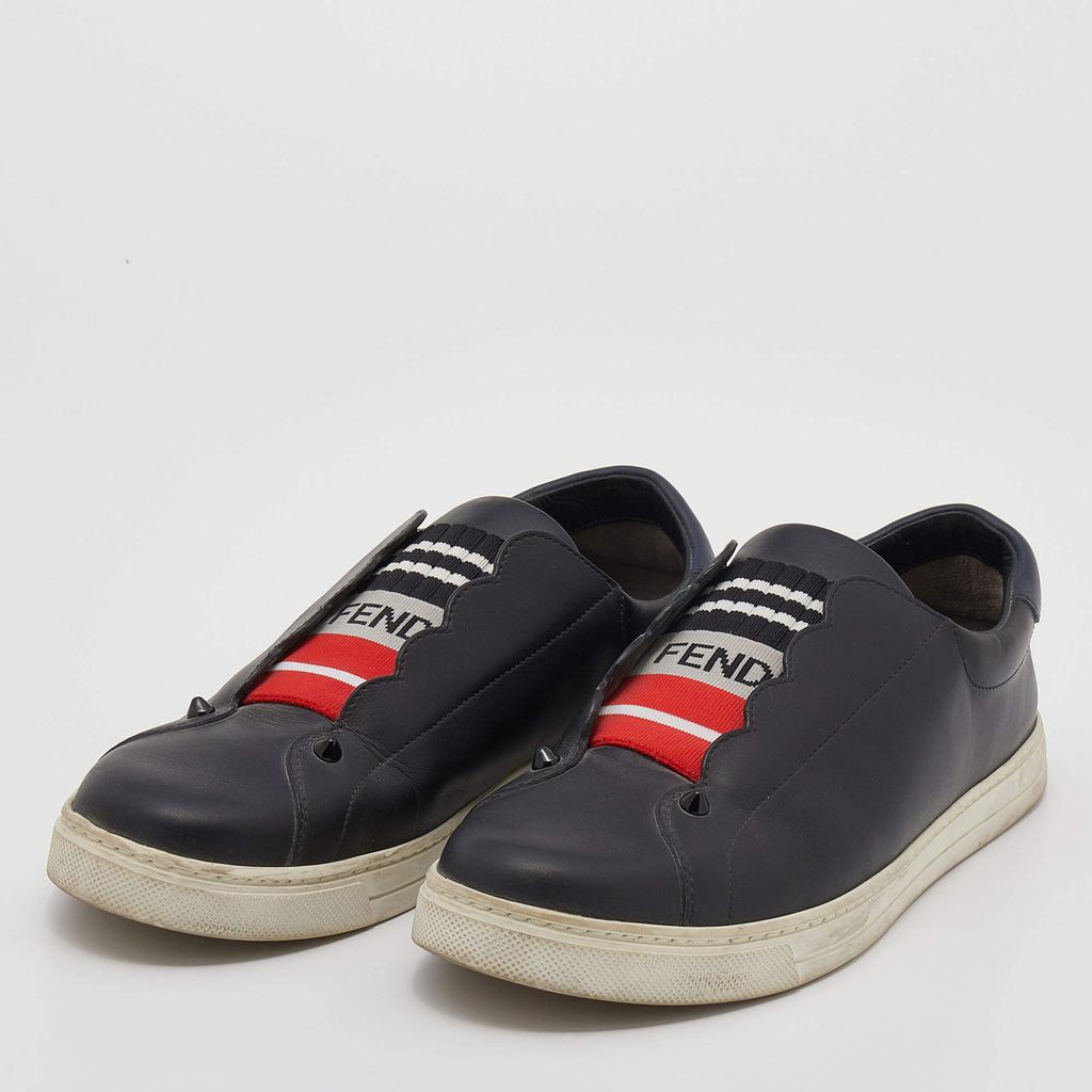 Fendi Black Leather And Logo Knit Fabric Scallop Detail Slip On Sneakers Size 40商品第2张图片规格展示