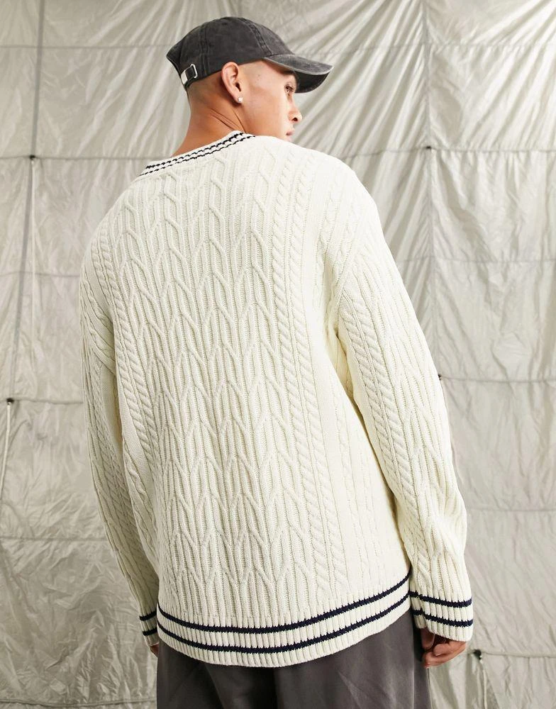 商品ASOS|ASOS DESIGN cable knit cricket jumper in off white and navy tipping,价格¥245,第2张图片详细描述