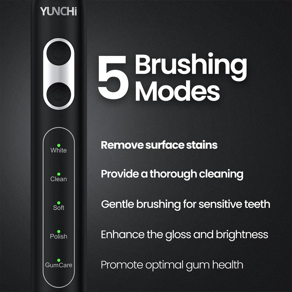 商品YUNCHI|YUNCHI Electric Toothbrush for Adults, Sonic Toothbrush, Rechargeable Electric Toothbrush with 4 Brush Heads,5 Modes & 2 Minutes Smart Timer,Waterproof,Battery Toothbrush,Black,价格¥75,第3张图片详细描述