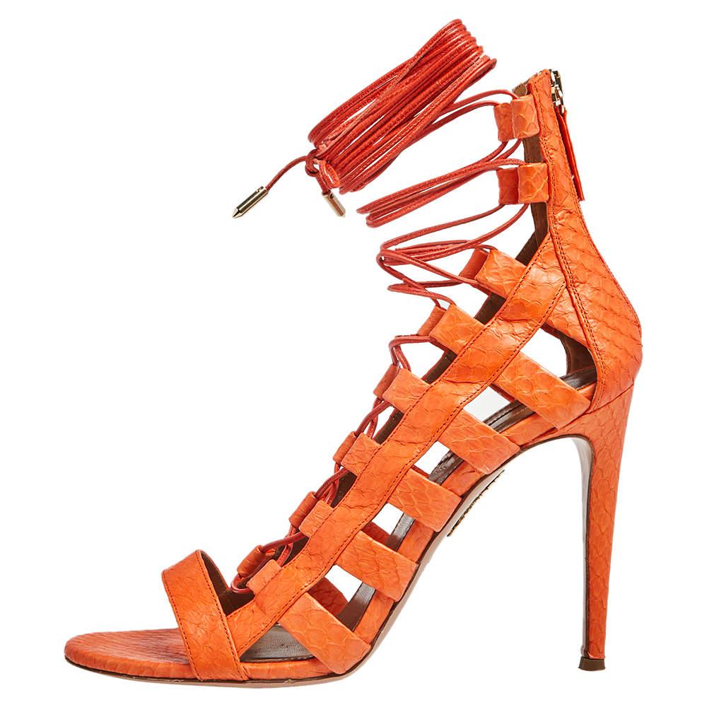 Aquazzura Orange Python Leather Amazon Lace Up Open Toe Sandals Size 40商品第2张图片规格展示