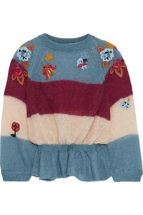 商品RED Valentino|Embroidered striped open-knit peplum sweater,价格¥2667,第1张图片