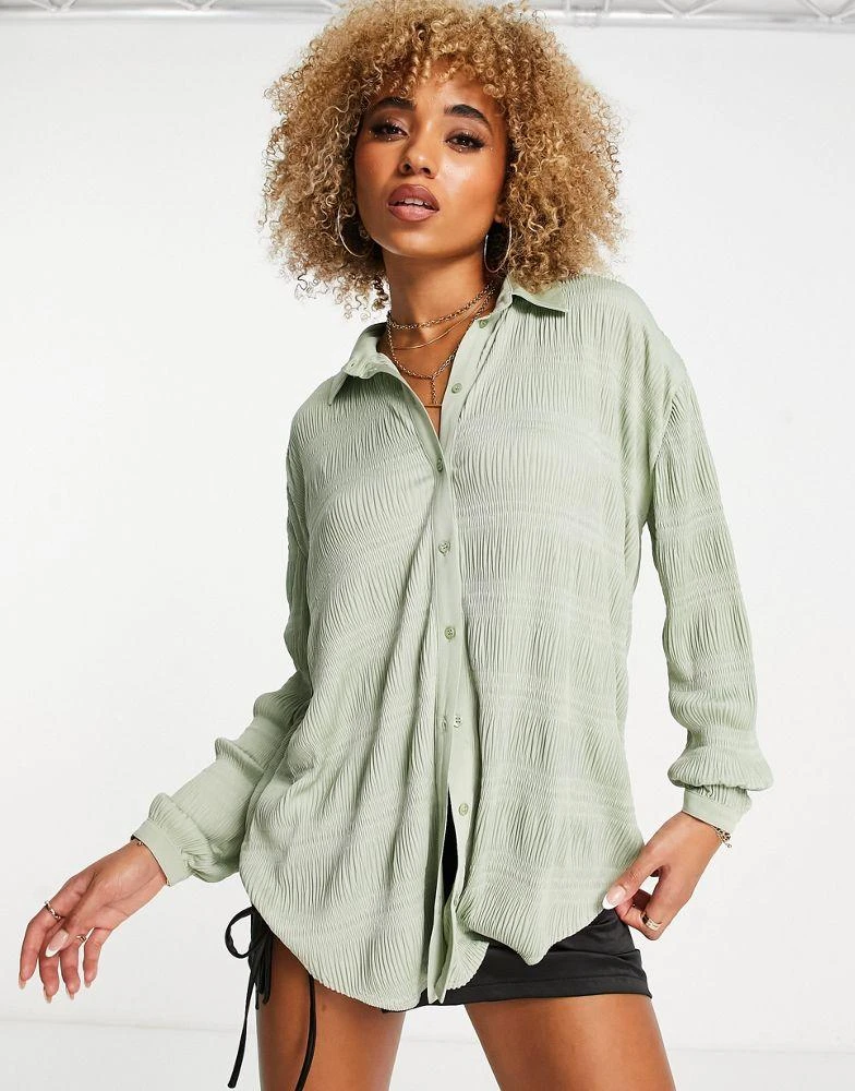 商品ASOS|ASOS DESIGN oversized plisse shirt in olive,价格¥304,第3张图片详细描述