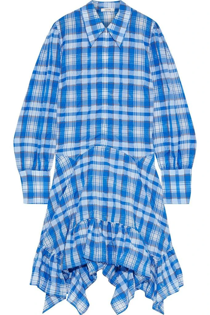 商品Ganni|Charron asymmetric checked cotton-blend seersucker shirt dress,价格¥563,第1张图片