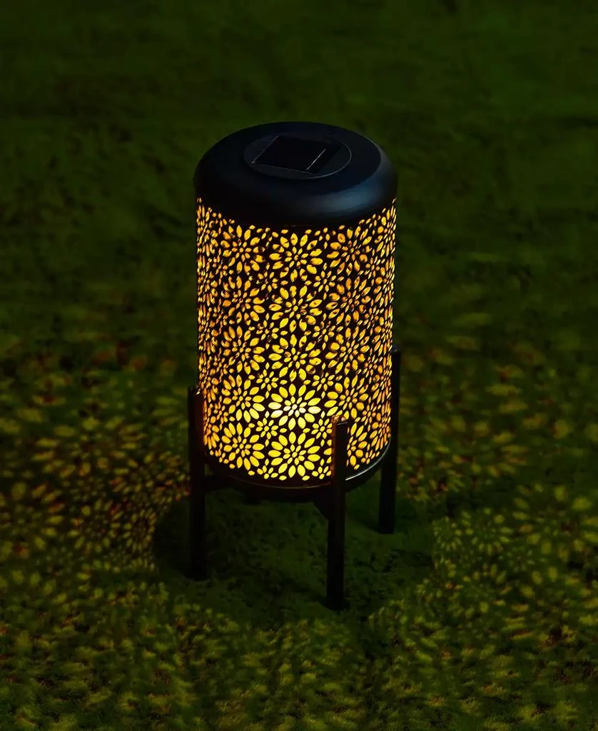 14.25" H Set of 2 Black and Gold-Tone Metal Cutout Flower Pattern Solar Powered LED Outdoor Lantern with Stand 商品