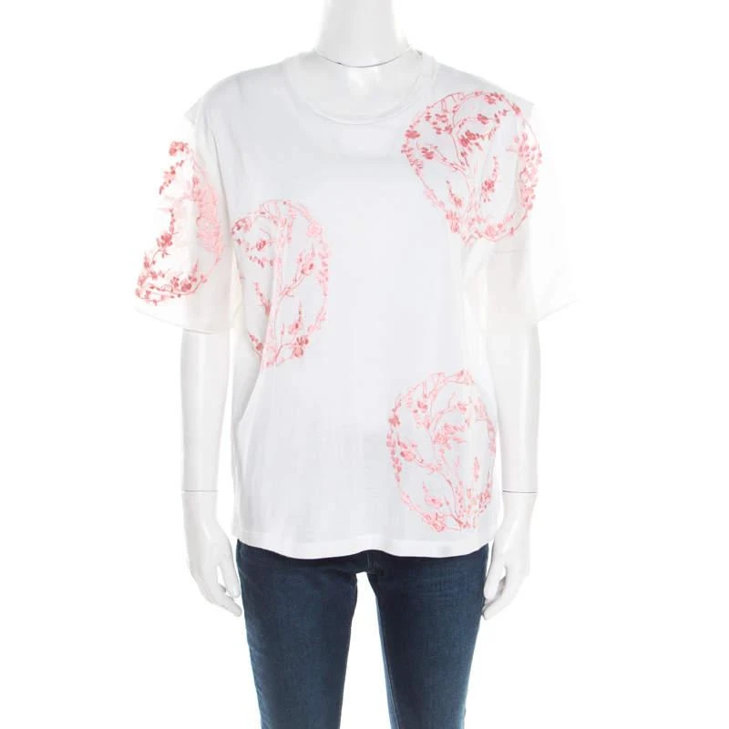 商品[二手商品] Alexander McQueen|Alexander McQueen White Cotton Floral Embroidered Silk Sleeve Detail Oversized T-Shirt S,价格¥1054,第1张图片