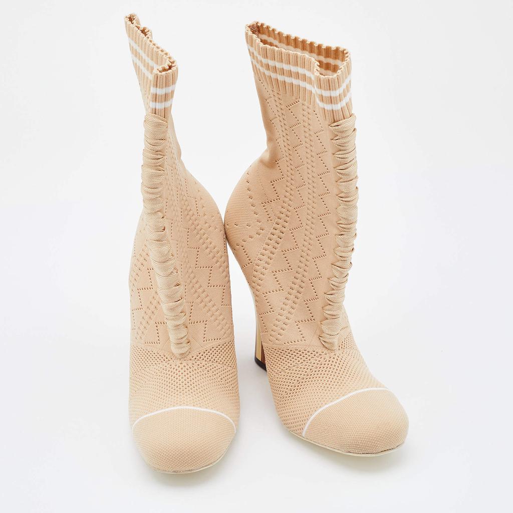 Fendi Beige Knit Fabric Rockoko Runway Openwork Ankle Boots Size 38商品第4张图片规格展示