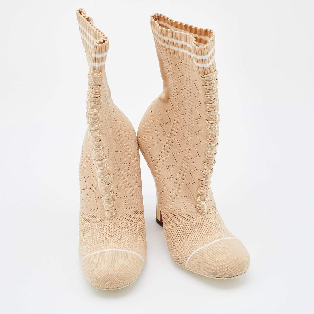 商品[二手商品] Fendi|Fendi Beige Knit Fabric Rockoko Runway Openwork Ankle Boots Size 38,价格¥3986,第6张图片详细描述