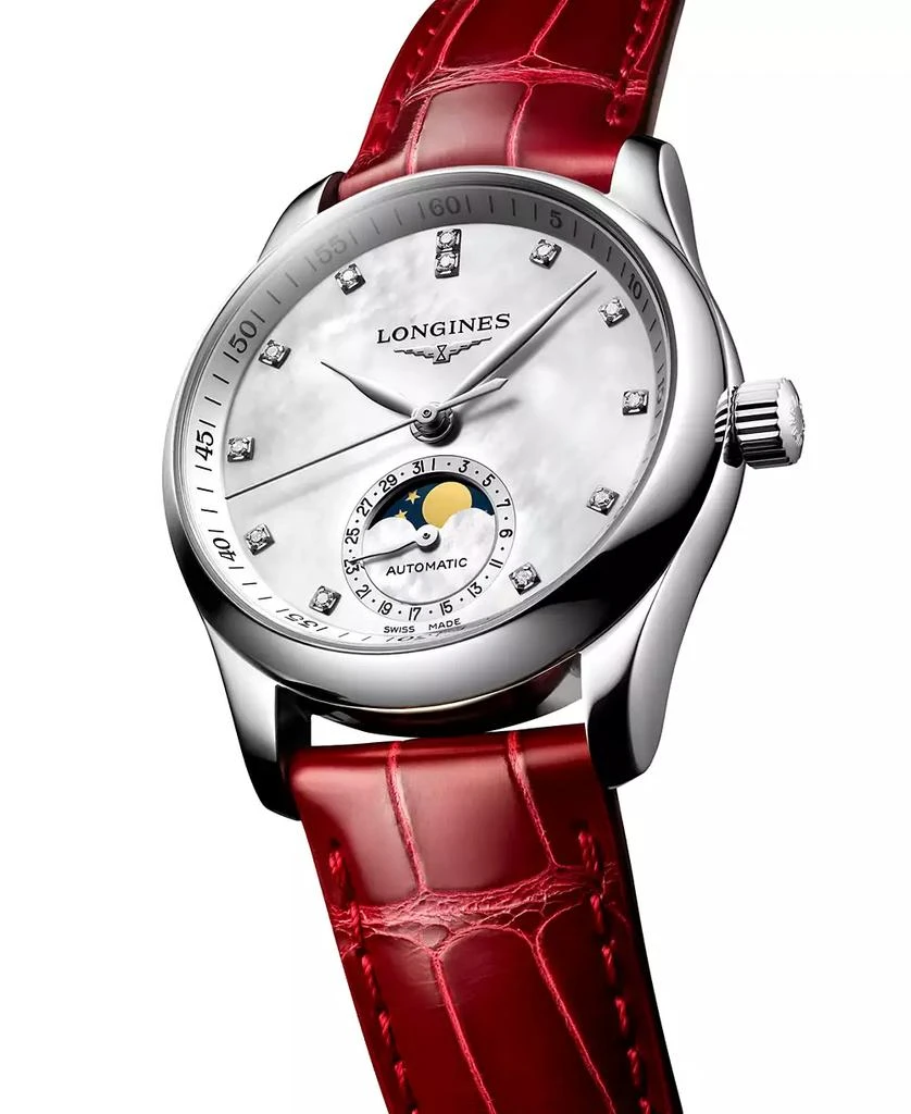 商品Longines|Women's Swiss Automatic Master Diamond (1/20 ct. t.w.) Red Leather Strap Watch 34mm,价格¥22226,第3张图片详细描述