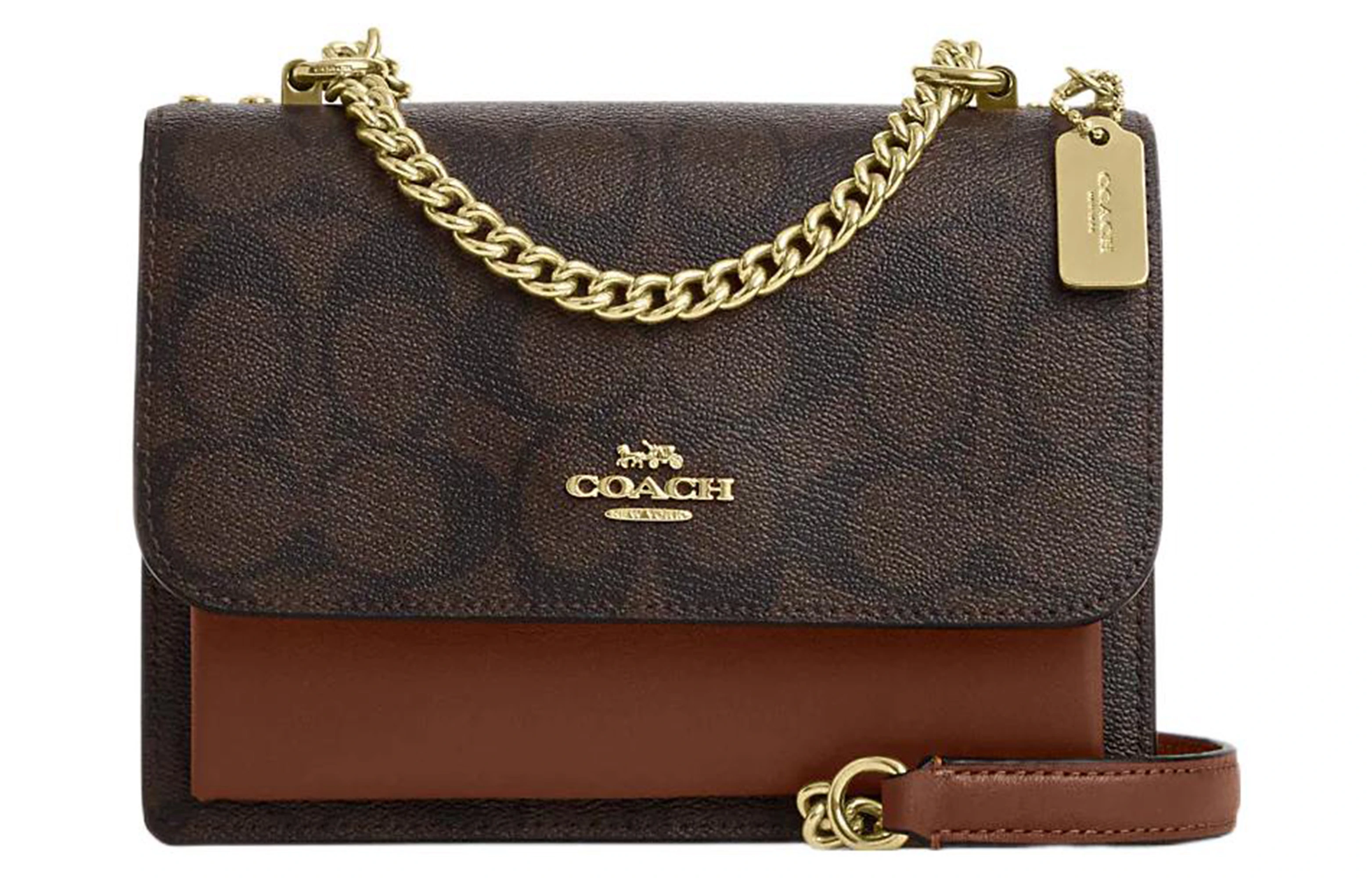 商品[国内直发] Coach|蔻驰 Klare 18 经典老花翻盖字母Logo徽标链条 帆布拼皮革 单肩斜挎包 迷你 女款 红木拼褐色,价格¥2644,第1张图片