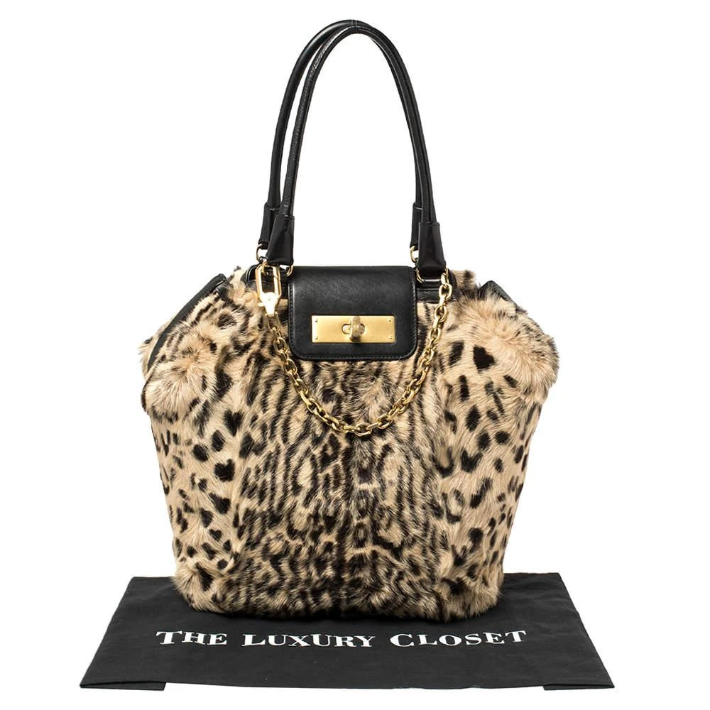 Escada Black/Beige Tiger Print Faux Fur and Leather Turnlock Flap Tote 商品