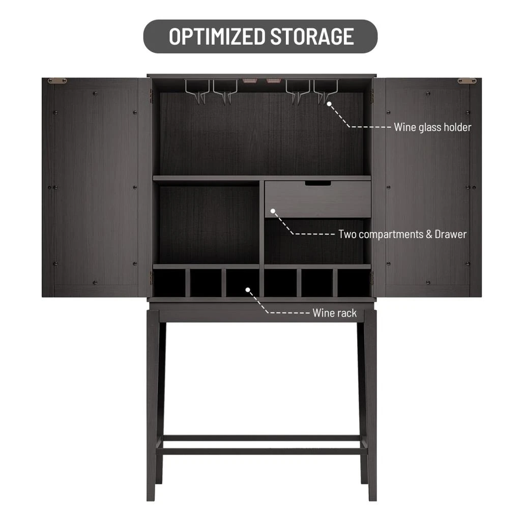 商品Simplie Fun|Wine Cabinet Solid Rubber Wood Rack Double Mirror Door Bar Cabinet Kitchen Organizer,价格¥4930,第3张图片详细描述