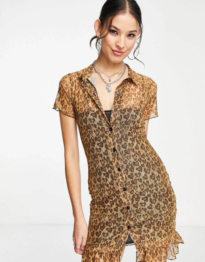 商品Daisy Street|Daisy Street button front frill hem mini dress in leopard heart mesh,价格¥192,第4张图片详细描述