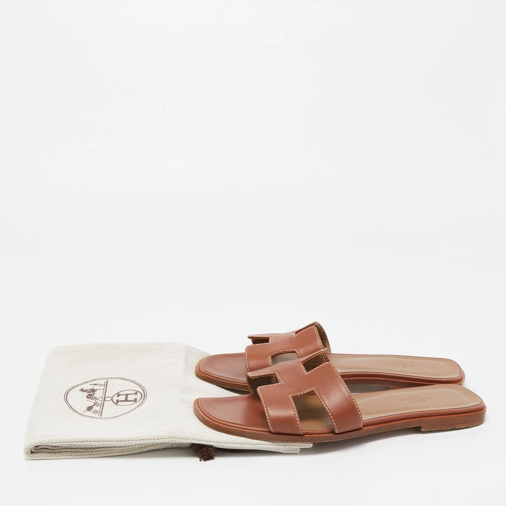 Hermes Brown Leather Oran Flat Slides Size 37 商品