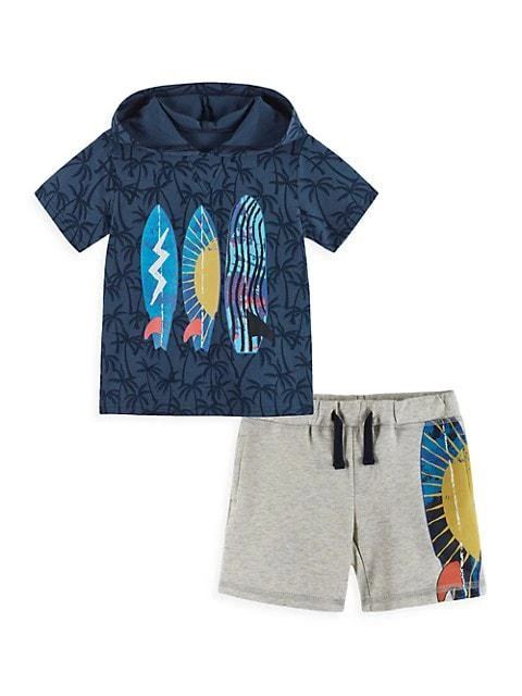 商品Andy & Evan|Little Boy's Palms Surfboard Hooded T-Shirt & Shorts Set,价格¥217,第1张图片