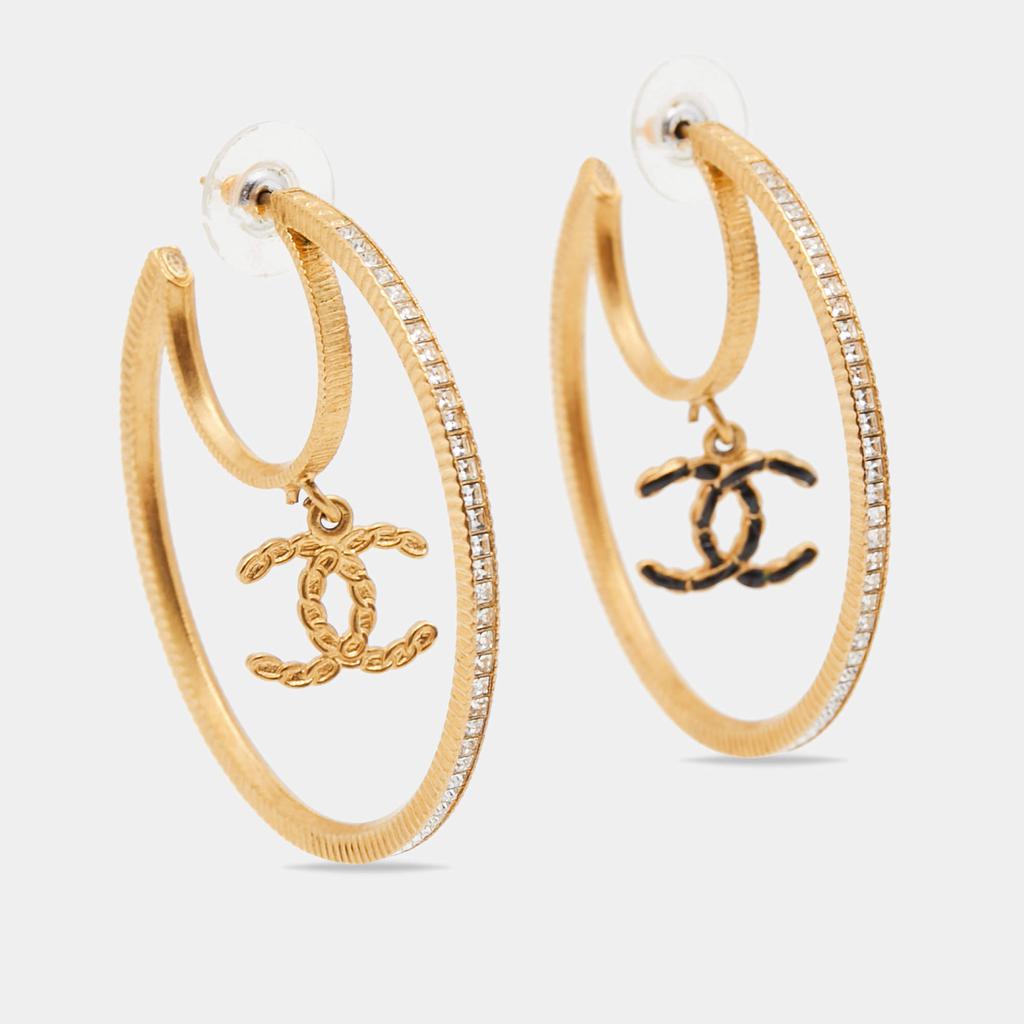 Chanel Gold Tone & Crystal Enamel CC Charm Hoop Earrings商品第2张图片规格展示