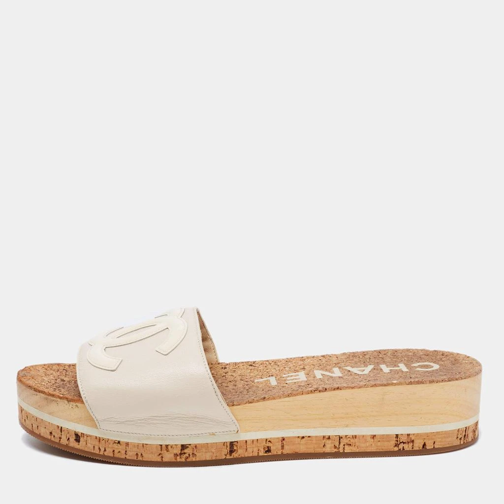 商品[二手商品] Chanel|Chanel Beige Leather CC Platform Slides Size 38,价格¥7007,第1张图片
