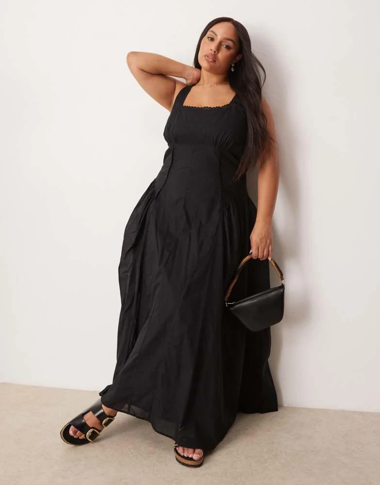 商品ASOS|ASOS DESIGN Curve prairie square neck maxi dress with dropped waist in black,价格¥351,第2张图片详细描述