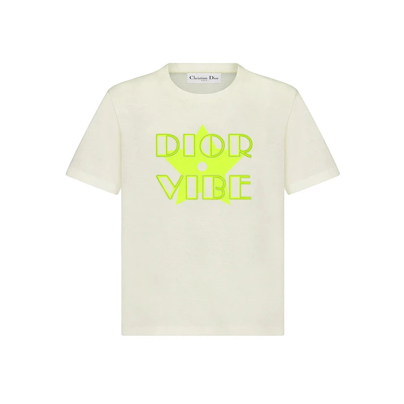 商品Dior|【预售3-7天】DIOR/迪奥 22年春夏新款 VIBE系列 女士米白色/荧光黄色棉质和亚麻混纺星星Logo短袖T恤223T19A4497_X2807,价格¥7254,第1张图片