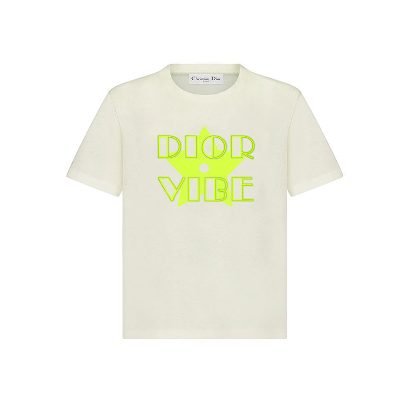 商品Dior|【预售3-7天】DIOR/迪奥 22年春夏新款 VIBE系列 女士米白色/荧光黄色棉质和亚麻混纺星星Logo短袖T恤223T19A4497_X2807,价格¥6861,第1张图片