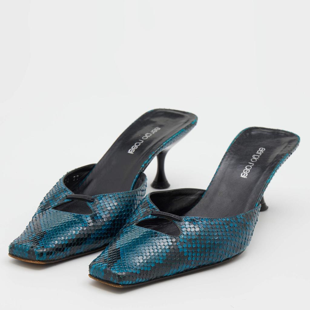 Sergio Rossi Blue/Black Python Leather Kitten Heel Mules Size 37商品第2张图片规格展示