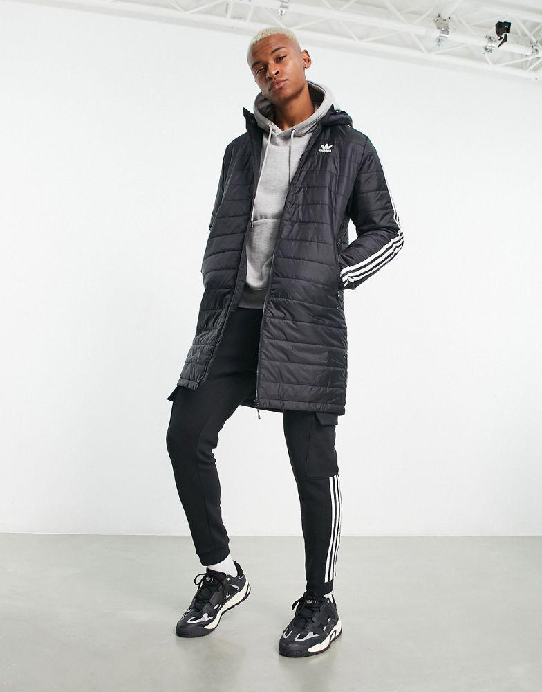 adidas Originals Adicolor 3 stripe hooded longline puffer jacket in black商品第2张图片规格展示