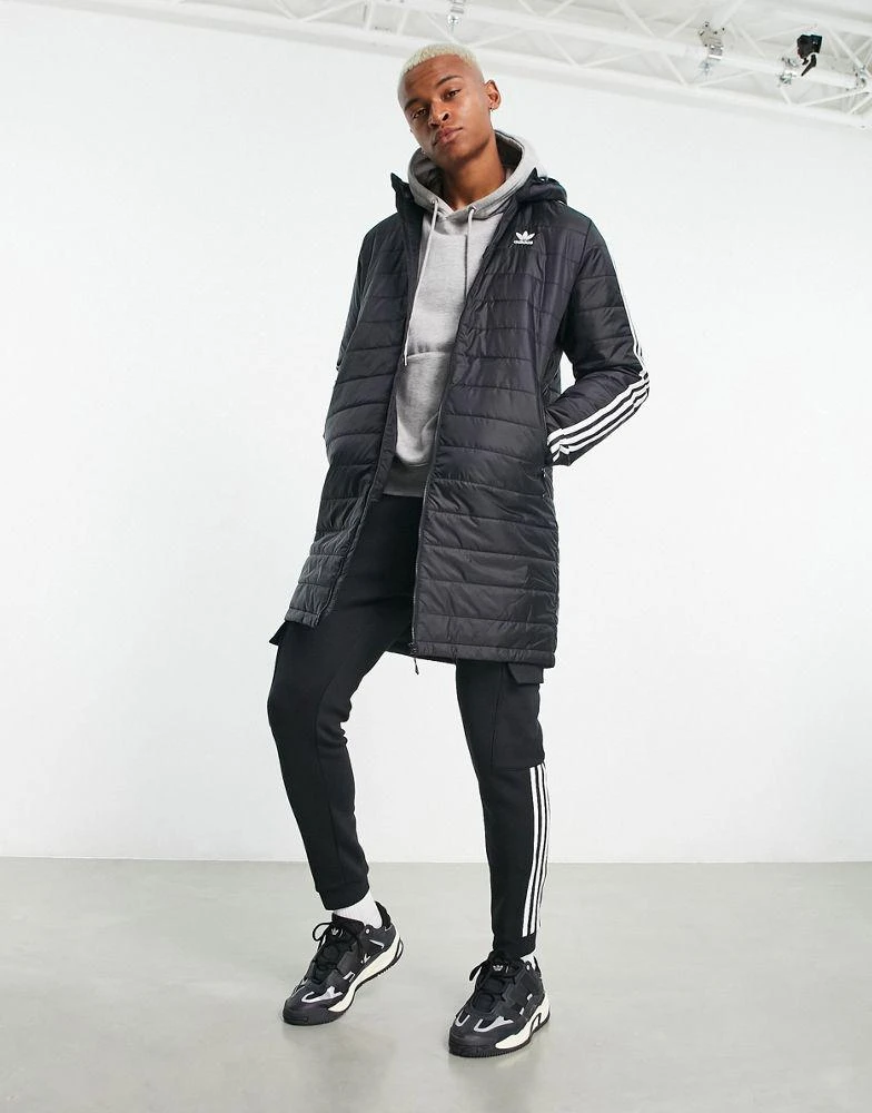 商品Adidas|adidas Originals Adicolor 3 stripe hooded longline puffer jacket in black,价格¥694,第2张图片详细描述