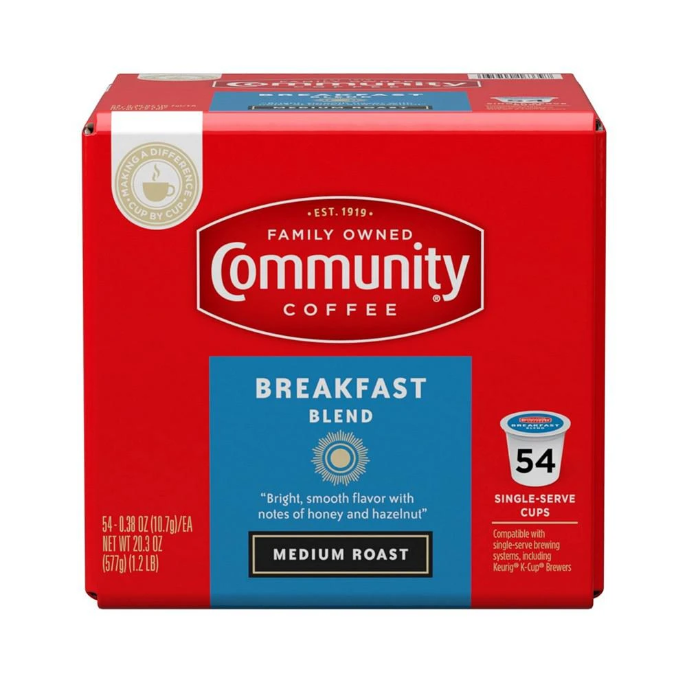 商品Community Coffee|Breakfast Blend Medium Roast Single Serve Pods, Keurig K-Cup Brewer Compatible, 54 Ct,价格¥403,第1张图片